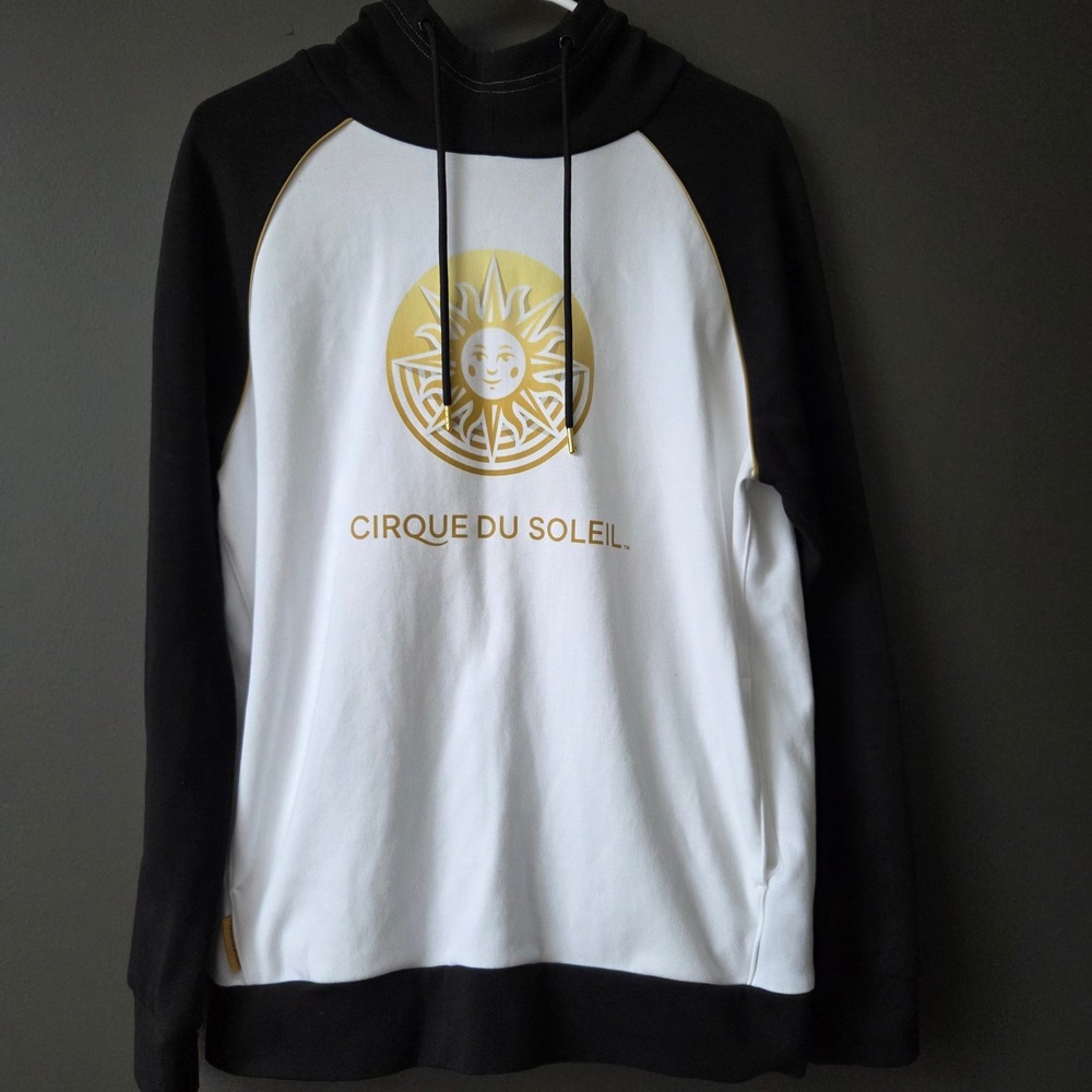 Cirque du Soleil Hoodie Sweatshirt Gold Sun Logo Black White Raglan Sleeve Sz M?